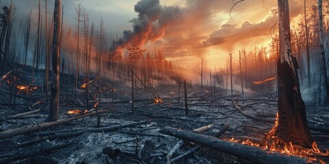 Charred remains of trees following a devastating forest fire