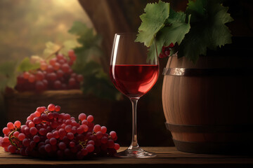 Glass of Red Wine with Fresh Grapes and Wooden Barrel in Vineyard Setting