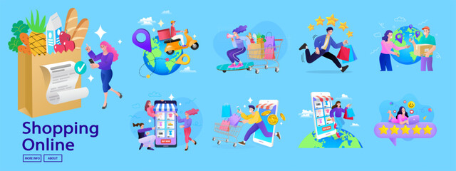 A complete illustration set for the online shopping journey. This e-commerce collection shows the full process, including buying groceries, fast delivery, and 5-star customer satisfaction.