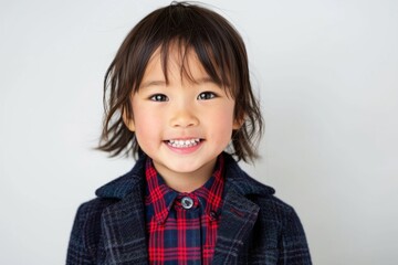 A young girl with dark hair in pigtails smiles warmly while wearing a checkered jacket. Her friendly demeanor and bright smile create a sense of approachability and warmth.