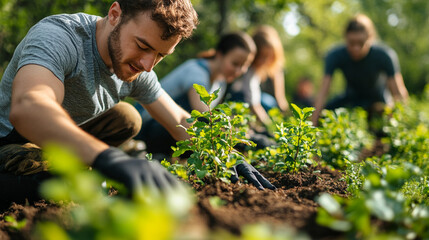 A group of people engaged in community gardening, nurturing plants and enjoying nature's beauty together in a vibrant outdoor setting.