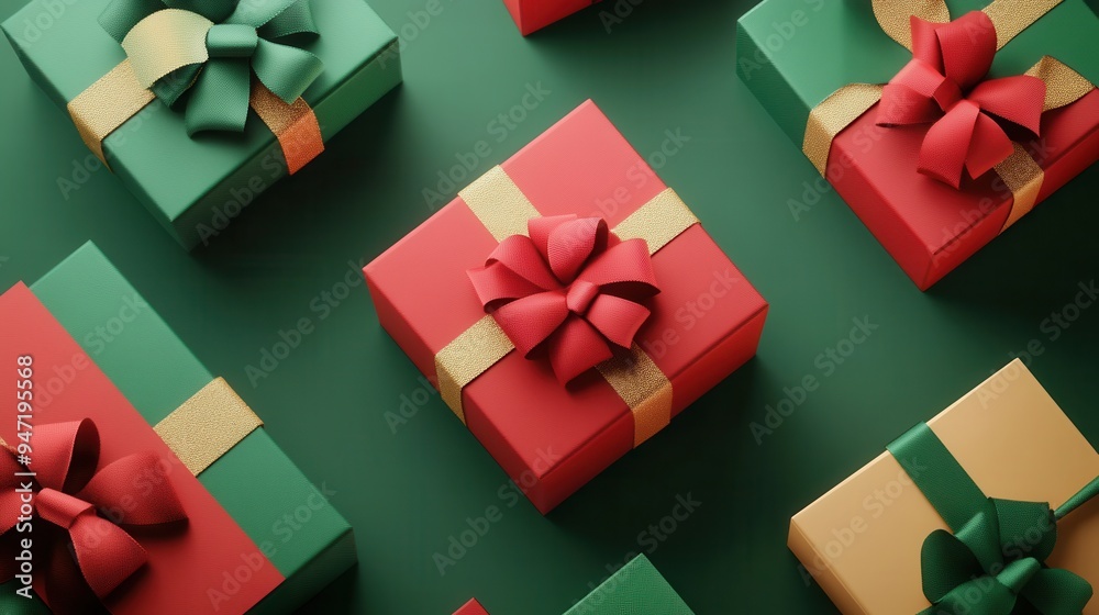 Poster Brightly colored geometric gift boxes with vivid ribbons and bows are arranged decoratively on a green background for a festive look. Generative AI