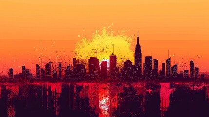 Obraz premium Cityscape Silhouette with Sunset and Glitch Effect