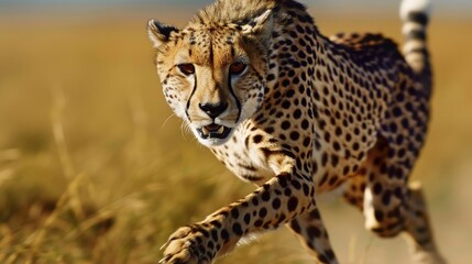 Fototapeta premium A sleek cheetah in mid-sprint across the savannah, its powerful muscles and intense gaze highlighting its incredible speed and agility.