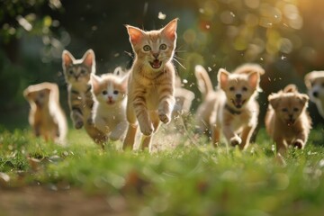 Fototapeta premium A dog and a cat running together down a path, their playful expressions capturing a moment of joy and companionship in an outdoor setting with dynamic energy of the scene.