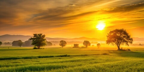 Golden sunset over green fields with silhouettes of trees and distant hills , sunset, golden hour, green fields