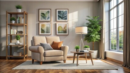 Fototapeta premium Cozy living room with large armchair and artwork on the wall, Cozy, Living room, Large chair, Artwork