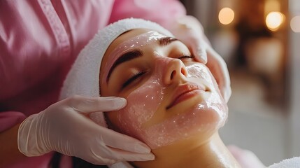 Woman Receiving Rejuvenating Chemical Peel Treatment for Acne Prone Skin at Dermatology Clinic