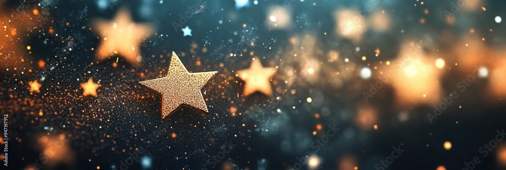 Aufkleber A collection of shimmering gold stars in different sizes sparkles against a soft, blurred backdrop, creating a tranquil and elegant atmosphere. Generative AI
