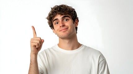 Young man making a playful finger gun gesture with a cheerful expression on a white background