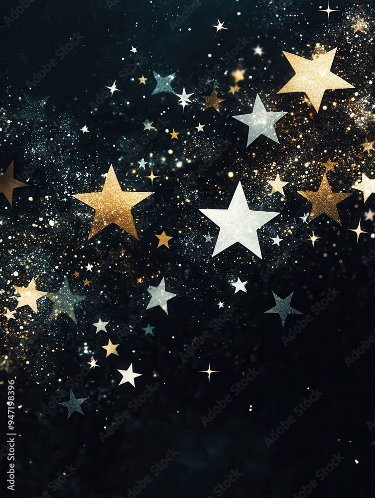 Aufkleber various sizes of abstract stars shimmer in gold and silver, forming a minimalist arrangement against