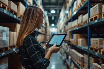 A woman sits on the floor of a large warehouse, using a tablet computer