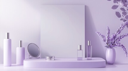 A minimalist 3D podium with ample empty space, surrounded by perfume bottles and compact mirrors, set against a light lavender background, ideal for personal care promotions