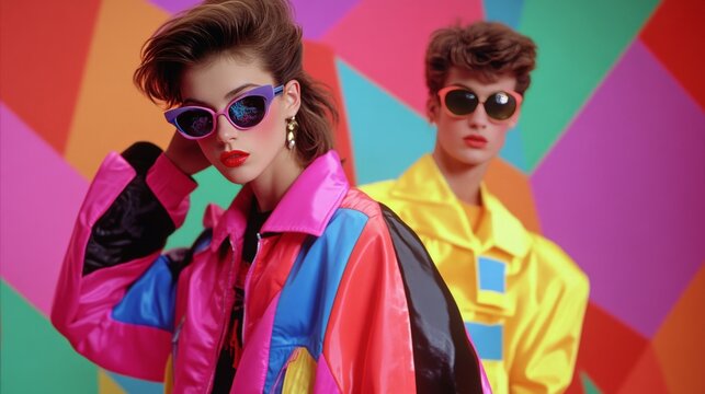 Vibrant 80s fashion with two models posing in colorful retro jackets and sunglasses against a geometric background.