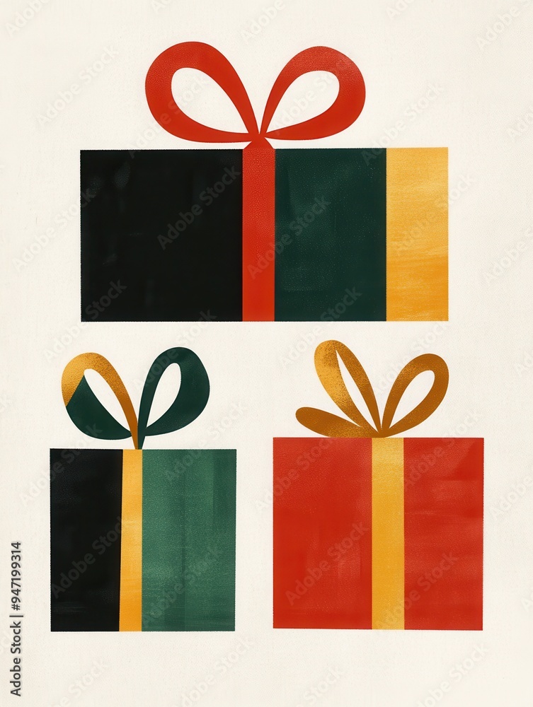 Aufkleber decorative gift boxes in geometric shapes are adorned with vibrant ribbons and bows, perfect for add