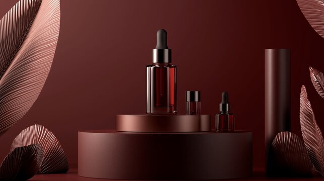 A stylish 3D podium with ample empty space, surrounded by luxury face serums and night creams, set against a rich burgundy background, ideal for premium skincare