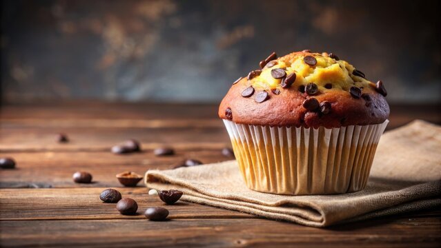 Delicious chocolate chip muffin on a table , tasty, sweet, dessert, baked, delicious, indulgent, chocolatey, muffin, treat