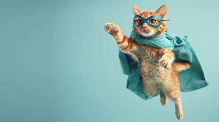 Funny cat in super hero costume jumping on blue background with copy space.