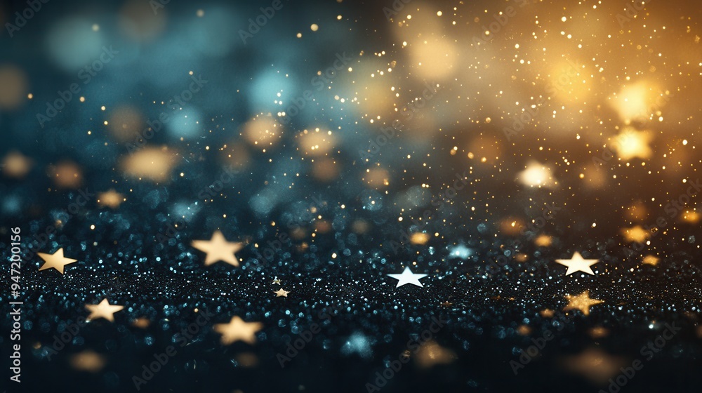 Aufkleber Golden stars of different sizes shimmer against a dark backdrop, creating a captivating minimalist abstract effect at night. Generative AI