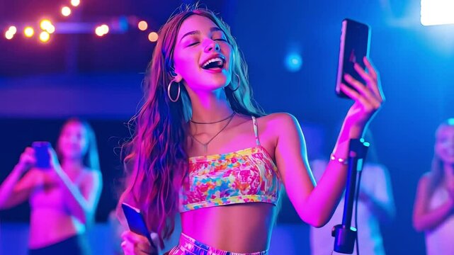 entertaining girl from generation Z as she performs and dances while using a tripod to record a smartphone video for social media.