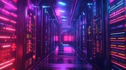 Fototapeta premium Neon Lit Server Room