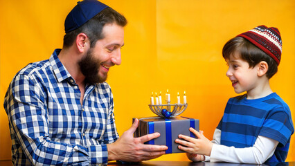 Father and son celebrating birthday with cake and candles on yellow background.