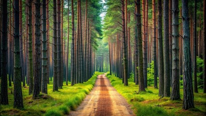 Fototapeta premium A serene forest path surrounded by tall pine trees, nature, outdoors, scenery, tranquil, wilderness, peaceful, green, foliage