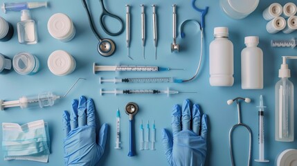 Assorted medical equipment and tools arranged on a blue background