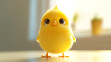 Bright yellow chick standing on a table near a window with sunlight illuminating its fluffy feathers