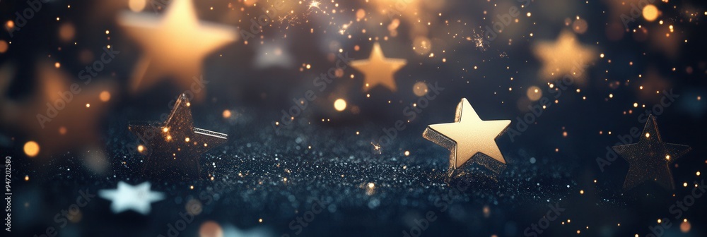 Fototapete Gold stars twinkle in different sizes against a dark backdrop, creating a captivating, minimalist abstract display of light and shimmer. Generative AI
