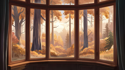 An illustration of a bay window offering a wide view of an autumn forest