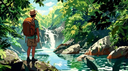 Hiker Admiring Waterfall in Lush Jungle