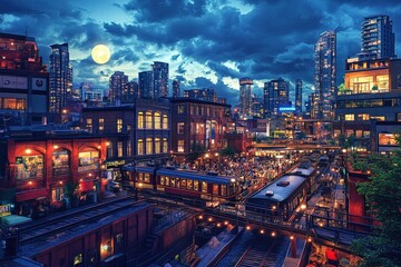 Obraz premium Night Cityscape with Train Buildings and Full Moon