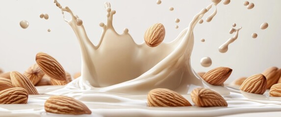 Dynamic milk splash with almonds captured mid-motion, isolated on a transparent or white background
