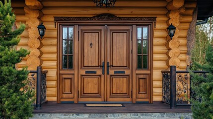 Wooden Double Doors on a Log Cabin