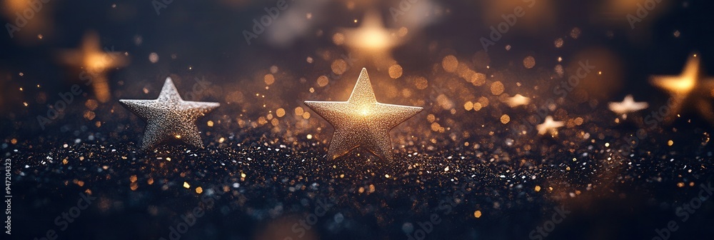 Fototapete Tiny shimmering stars in various sizes glimmer in gold, creating a mesmerizing effect against a deep dark background. Generative AI