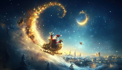 Fototapeta premium Christmas Night Santa Claus Sleigh Flying Over City