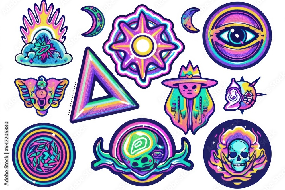 Poster a collection of colorful stickers placed on a plain white surface, ideal for use in designs, present