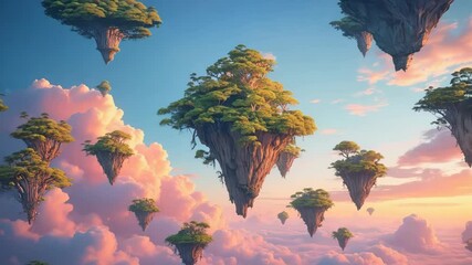 Lush floating islands hover in a sky of pastel clouds. Trees and vegetation thrive atop each landmass. Golden sunlight bathes the scene, creating a magical, otherworldly atmosphere.	 - Powered by Adobe
