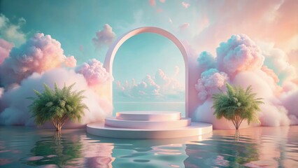Pastel dreamscape featuring a podium with soft, muted colors and dreamy atmosphere, dreamy, pastel, serene, podium