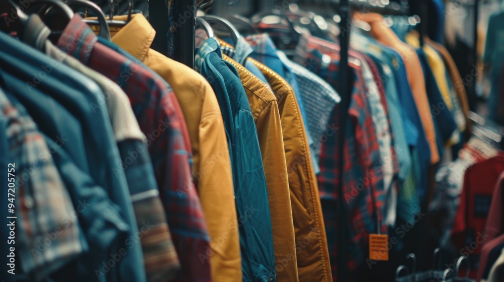 Poster clothing store display with multiple shirts hung on a rack