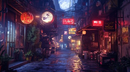 Obraz premium Neon-lit Backstreet in a City