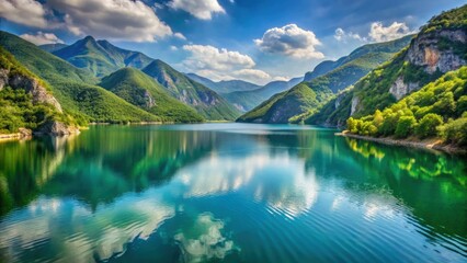 Fototapeta premium Beautiful landscape of Lake Koman in Albania, Albania, Balkans, Europe, tranquil, water, mountains, reflection