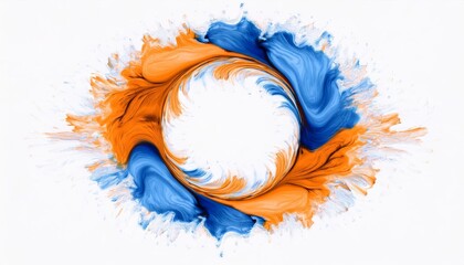 A vibrant swirl of blue and orange paint creates a dynamic abstract design with a central blank space for text or images.