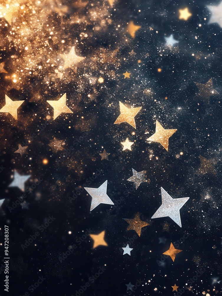 Poster stars of varying sizes shimmer in gold and silver, scattered across a dark background, creating a ca