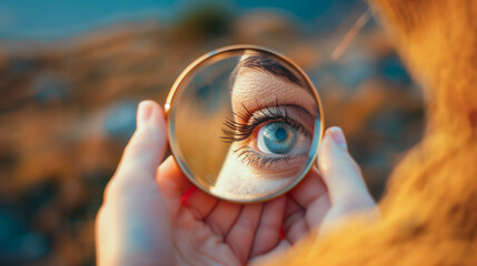 Obraz premium Single Eye Reflection in Hand-Held Mirror