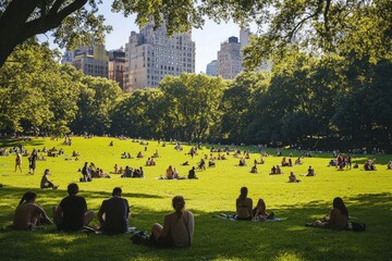 Photograph a city park or green space being utilized by residents, demonstrating urban efforts to combat climate change.