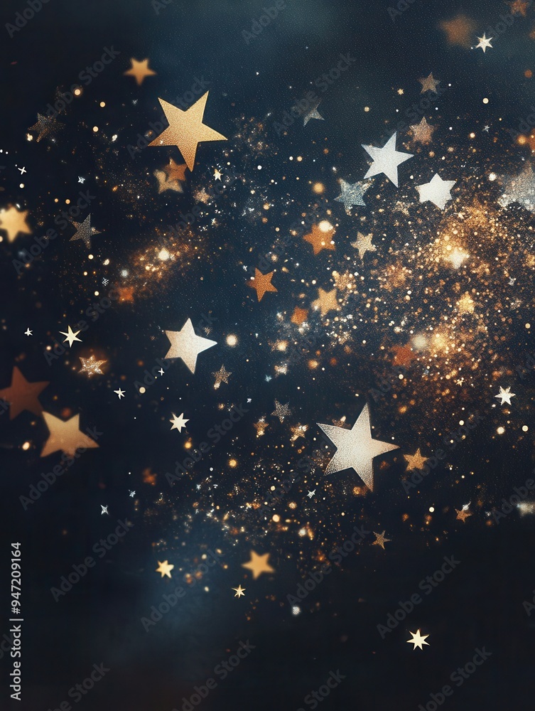 Poster Stars in varying sizes shimmer in gold against a dark backdrop, creating a captivating celestial effect for a serene atmosphere. Generative AI