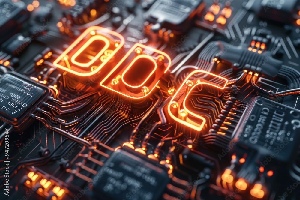 Poster A detailed view of a circuit board with a neon sign in the background, ideal for use in technology and electronics related contexts