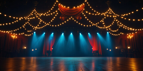 Theater lighting stage entertainment background with Decorative lights, copy space.